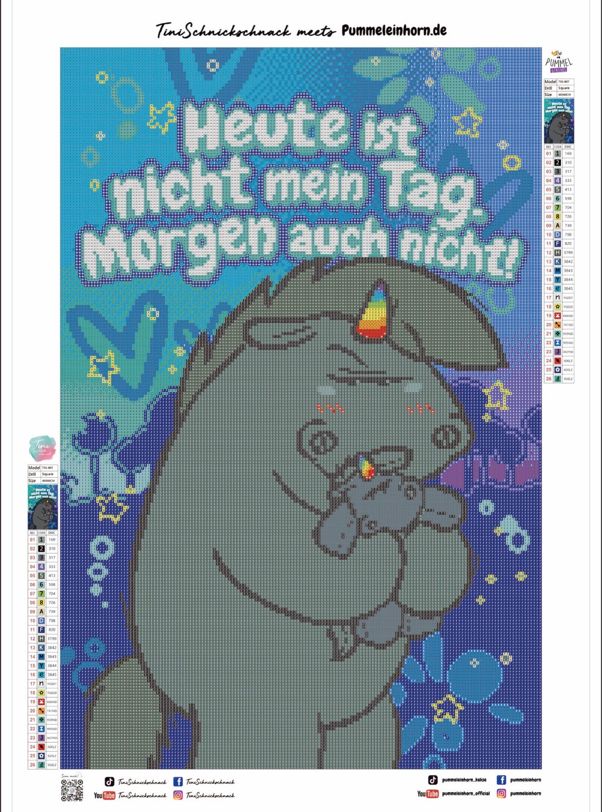 Diamond Painting Bild Grummeleinhorn "Nicht mein Tag" von Pummeleinhorn 40x60cm (inkl. Neon Stones) TSS-807
