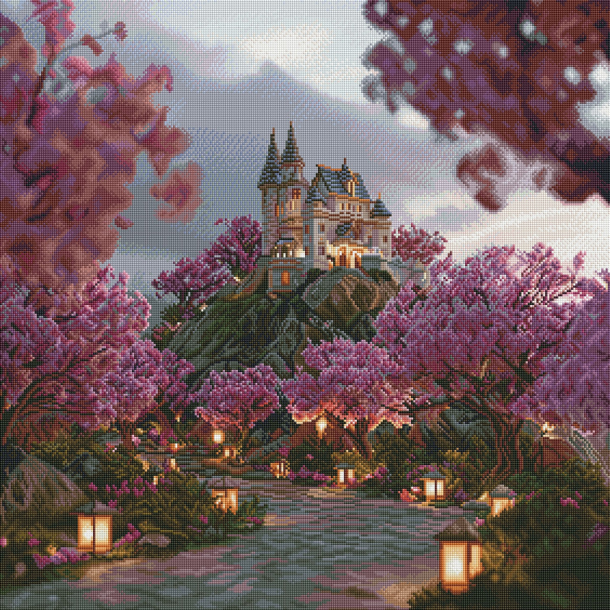 Diamond Painting Bild "Schloss Elfenstein im rosa Blütenmeer" von TiniSchnickschnack 70x70cm (inkl. Feenstaub) TSS-834