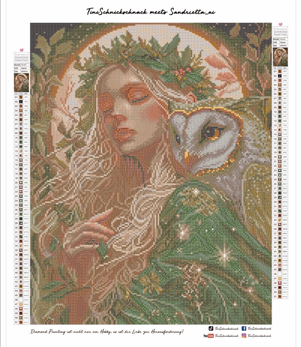 Diamond Painting Bild "Die Eulenflüsterin" von AI-Artist Sandrietta_ai (inkl. Strass) 40x50cm TSS-873