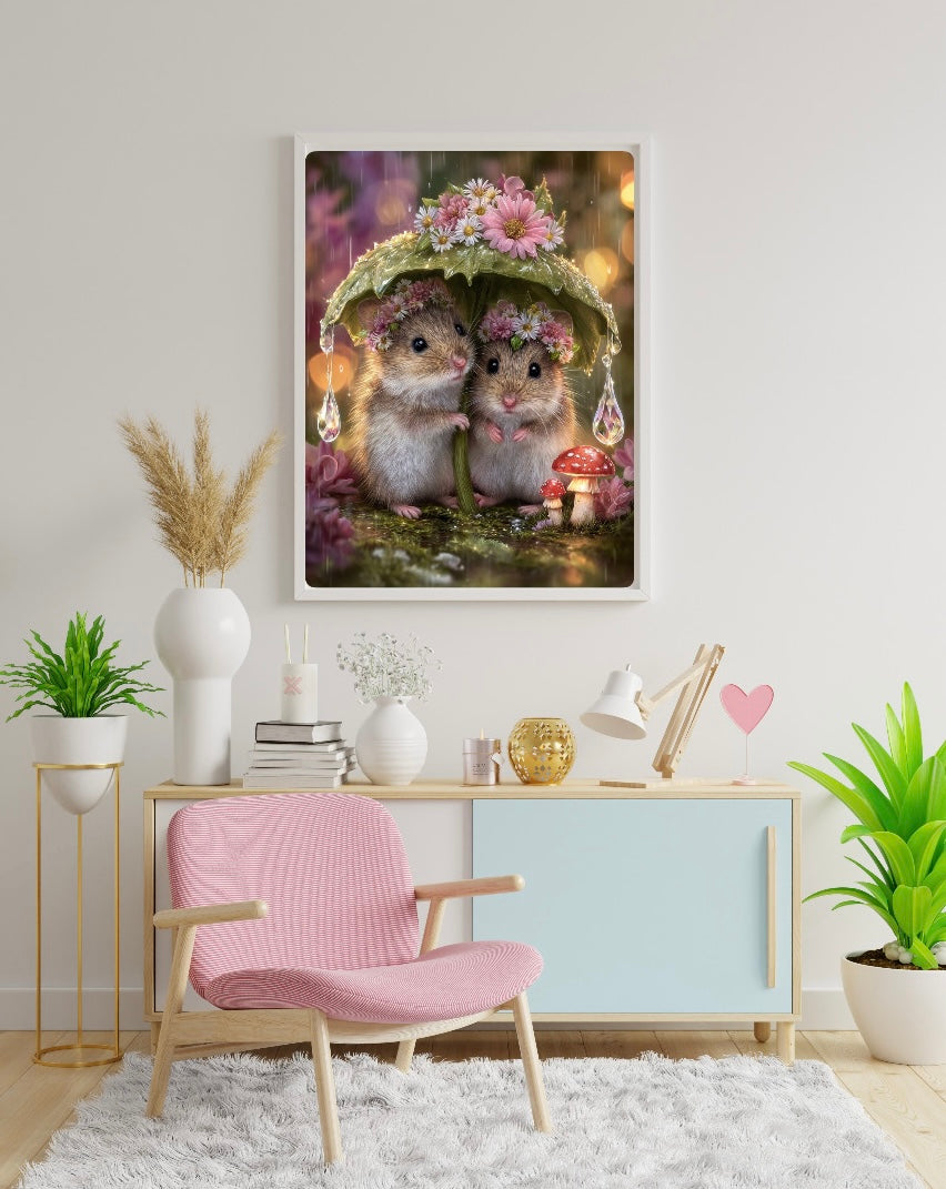 Diamond Painting Bild "Waldfreunde unterm Blütenschirm" von AI-Artist Sandrietta_ai (inkl. Feenstaub) 40x50cm TSS-892