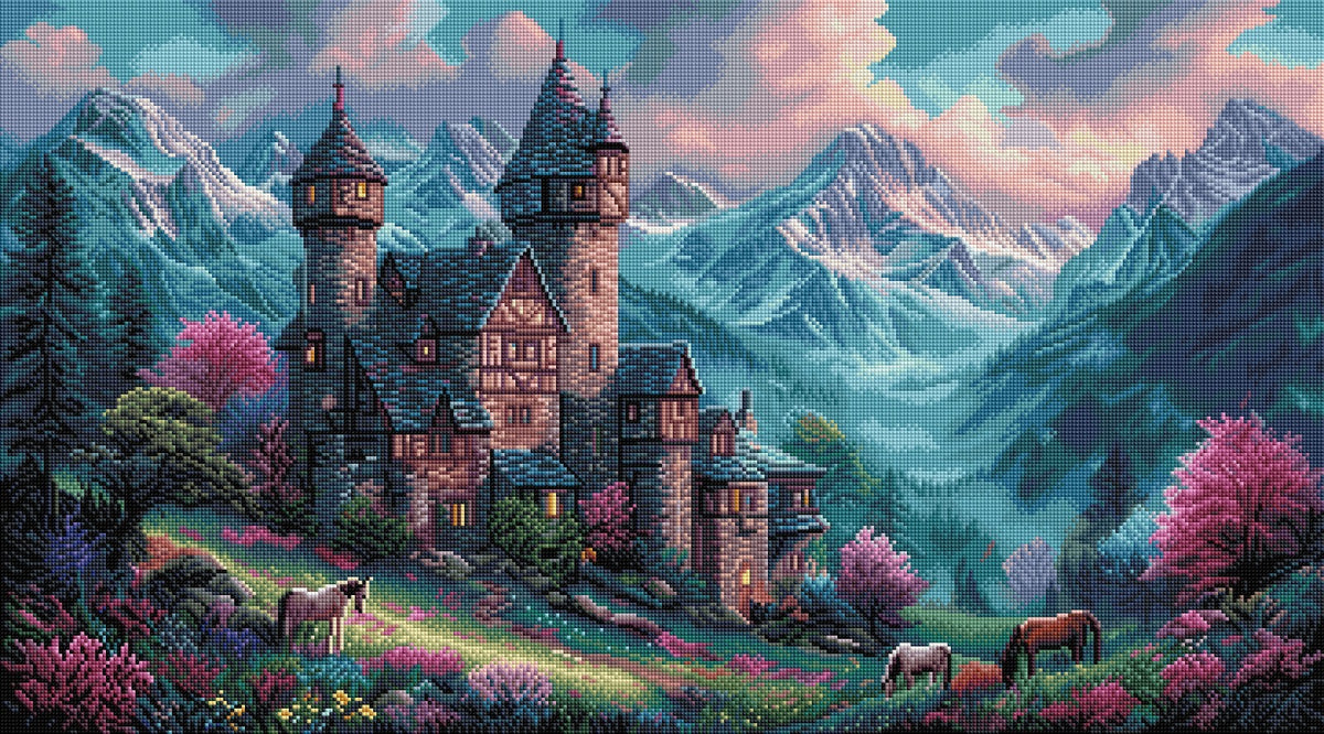 Diamond Painting Bild "Traumschloss in den Bergen" von AI-Artist Sandrietta 50x90cm (Sondersteine Special) TSS-810