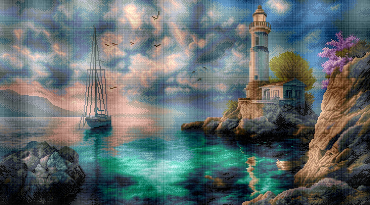 Diamond Painting Bild "Leuchtturm am Meer" von AI-Artist Sandrietta 50x90cm (Sondersteine Special) TSS-811