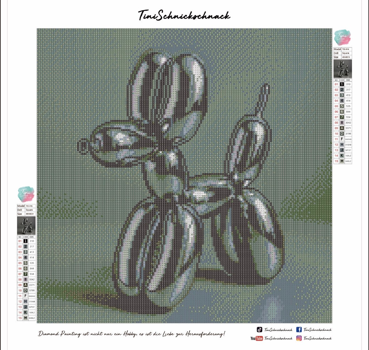 Diamond Painting Bild „Ballonhund in Chrome" von TiniSchnickschnack 40x40cm (inkl. Strass) TSS-816